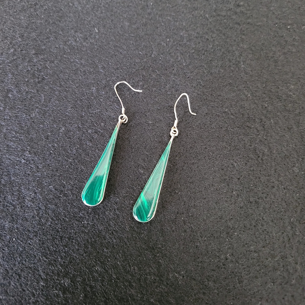 925 Sterling Silver, Malachite Green Teardrop Dangle Earrings